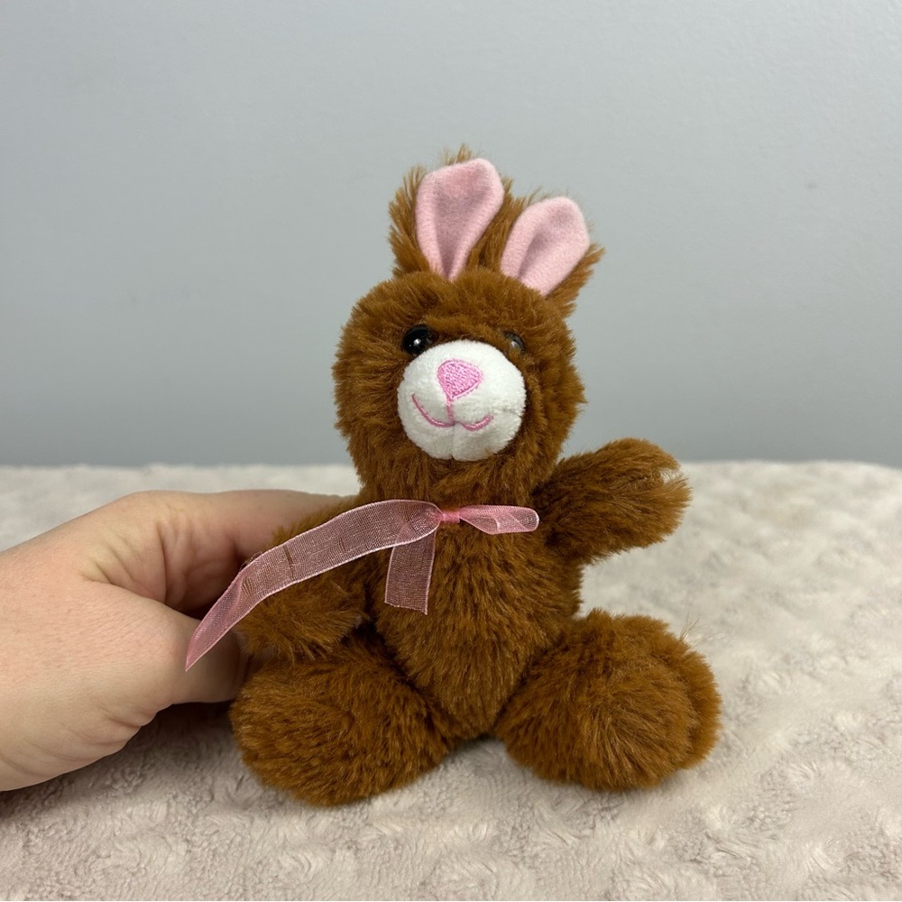 Tom's Toy International Brown White Bunny Rabbit Plush Stuffed Animal Pink Bow